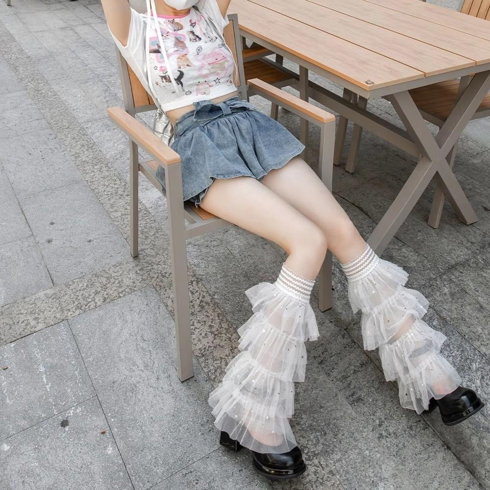 Ruffle Layered Sequins Mesh Leg Warmers Flared Design Star Sequins Knee High Stockings Lace Patchwork Boot Cover Cuffs