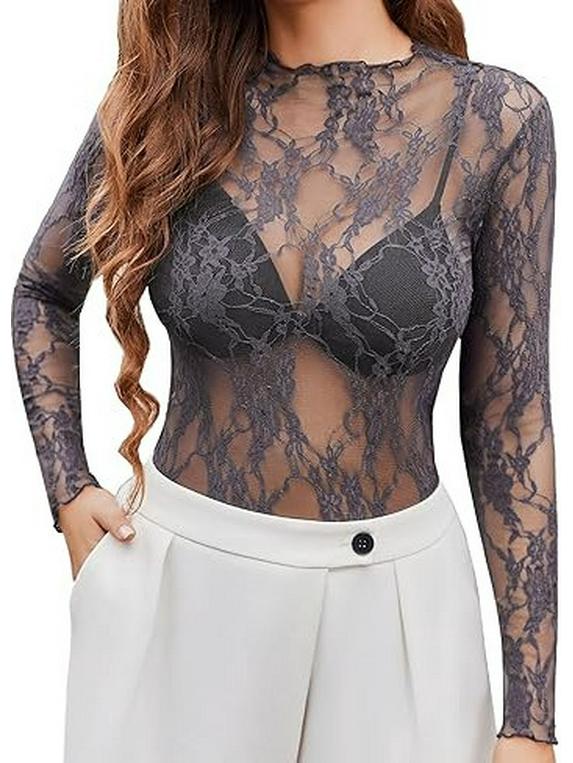 2024 European & American Style Lace Floral See-Through Long-Sleeve Women's Top
