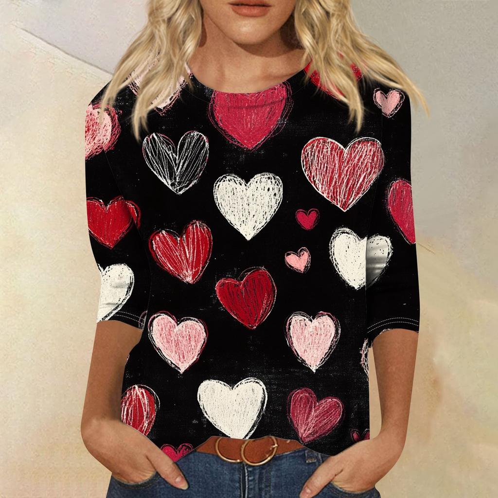 Футболка женская с рукавом 3/4, повседневная футболка с принтом ко Дню святого Валентина, джемпер с круглым вырезом