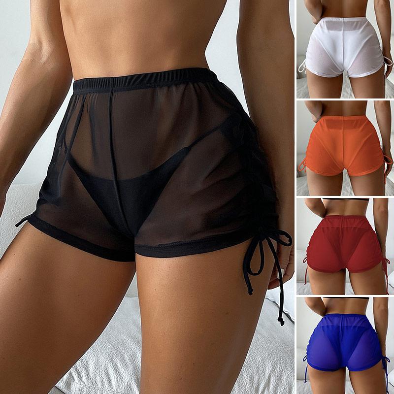Women's Drawstring Swimwear Beach Shorts Mesh Bikini Cover Transparent Summer