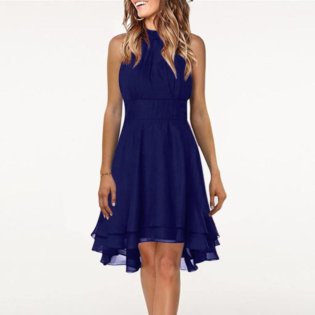 Женское сплошное цветное сексуальное платье трапециевидной формы без рукавов с круглым вырезом и висячим вырезом