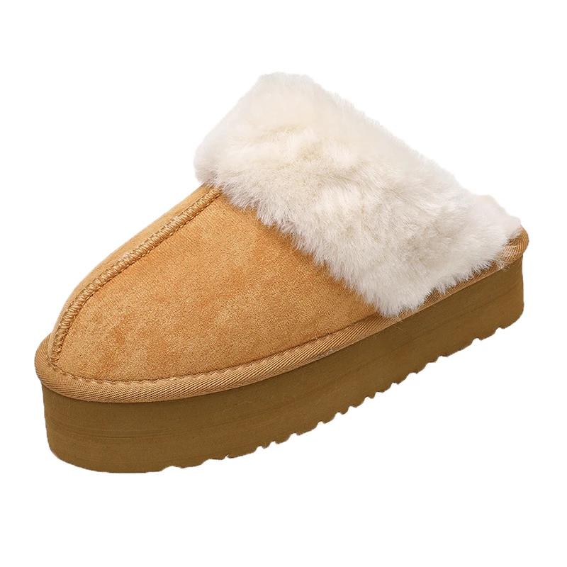 Winter Plush Cotton Women's Slippers Fashion Flat Shoes 2024 Thick Soled Leisure Home Suede Leather Warm Shoulder Strap Slippers