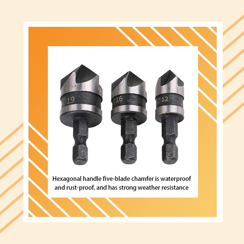 3pcs 90-degrees Chamfer Drill Bit Set Rustproof 5 Flute Wood Working Tool Lightweight Wear-resistant Countersink Drills Bits