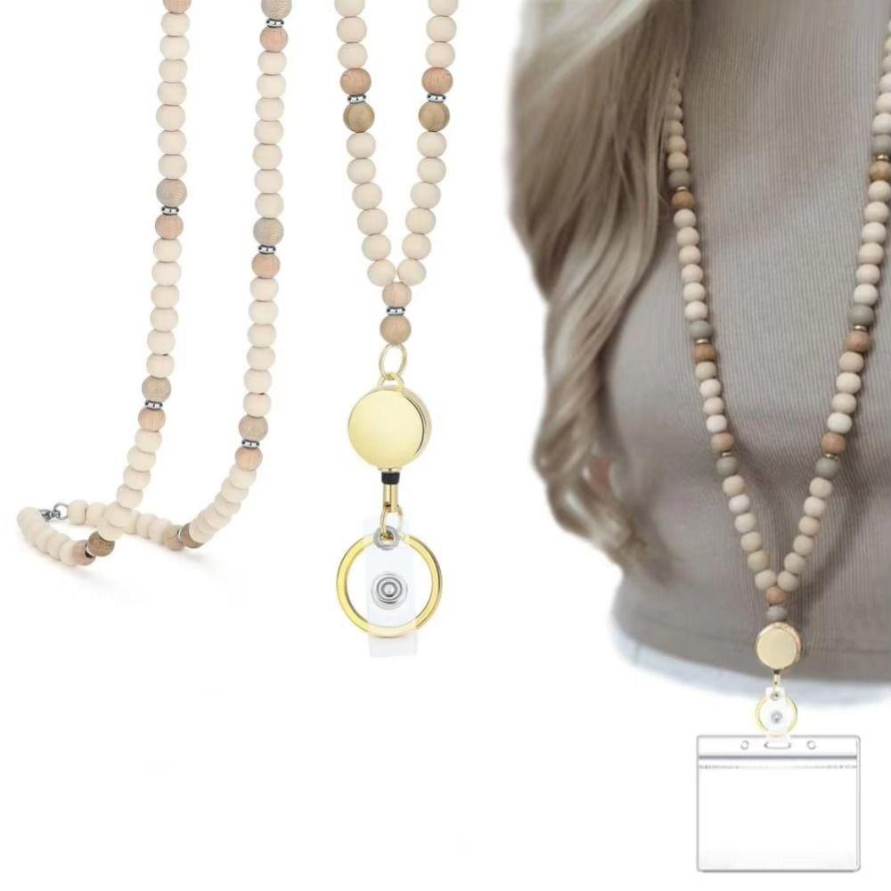 Выдвижной держатель для бейджа на шнурке, застежка из нержавеющей стали, бусина из натурального дерева, бохо-брелок-ожерелье с 2 держателями для карт