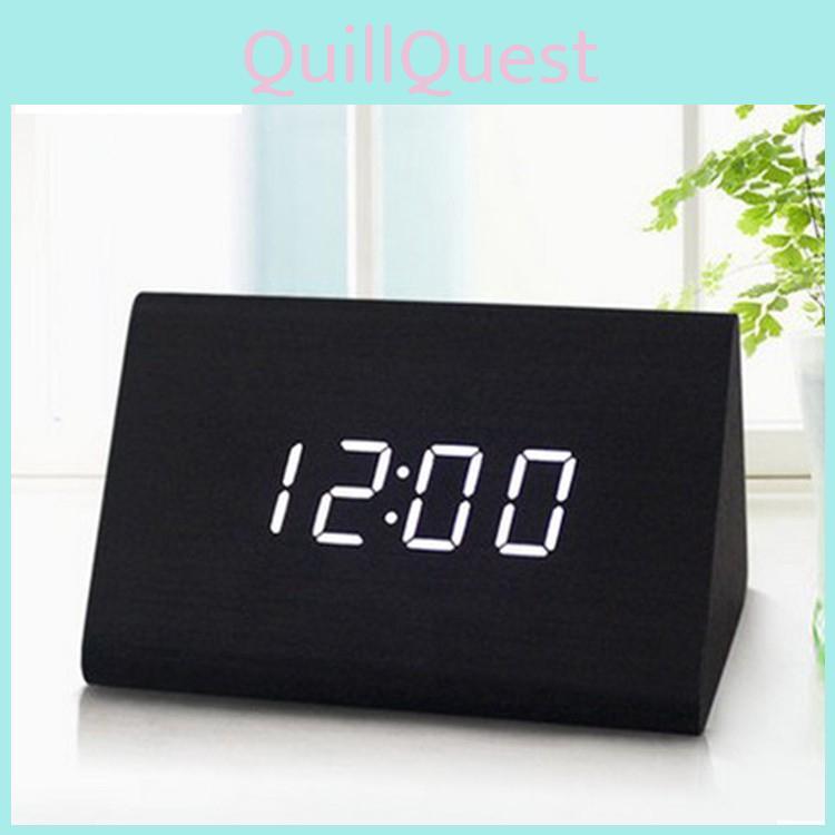 Sleek Wooden Voice Control Led Display Alarm Digital Triangular Desk Clock Thermometer