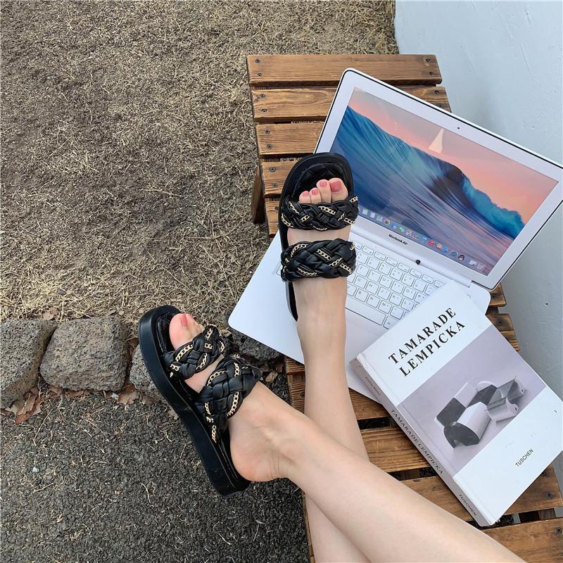 Fashion Metal Chain Double Band Weave Slippers Women Sandalias Summer Shoes Woman Flip Flops Thick Soled Chic Knitted Slides Femme
