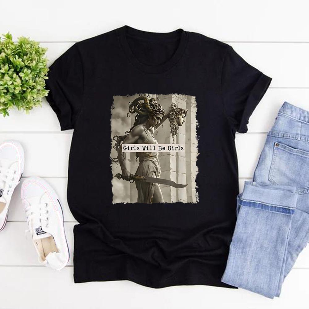 Girls Will Be Girls T-Shirt Feminist Shirt Women's Empowerment Tee Vintage Short Sleeve Halloween T-shirt Casual Graphic Tees