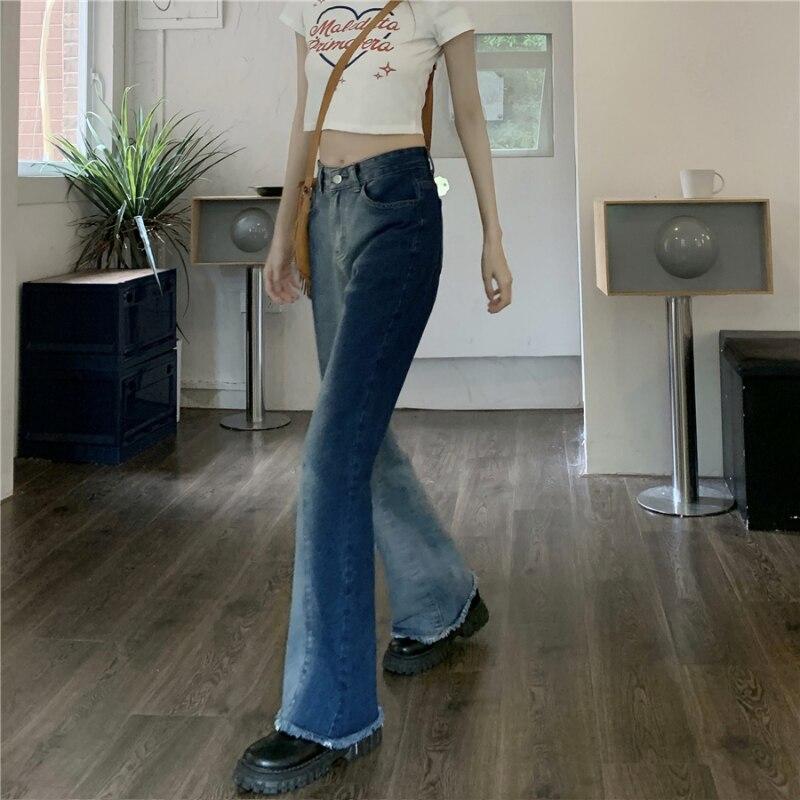 Осень-весна, джинсы, женские джинсовые брюки, винтажные прямые брюки, модные женские однотонные свободные повседневные широкие брюки с кисточками