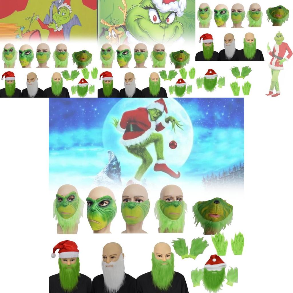 Маска Гринча на пол-лица с зелеными волосами и причудливым дизайном для рождественских празднований