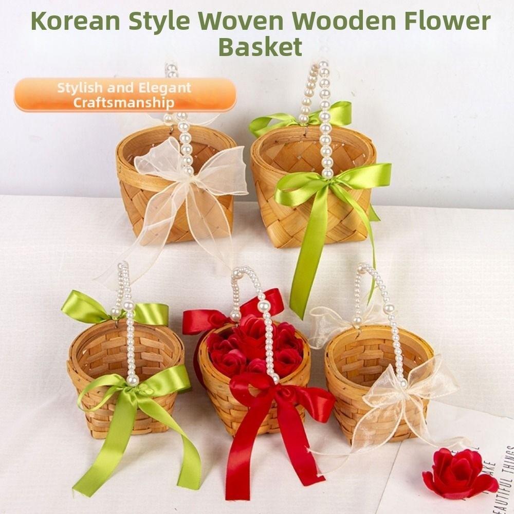 with Pearl Hand-held Weaving Flower Basket Vegetable Fruit Flowers Holder Living Room Decoration