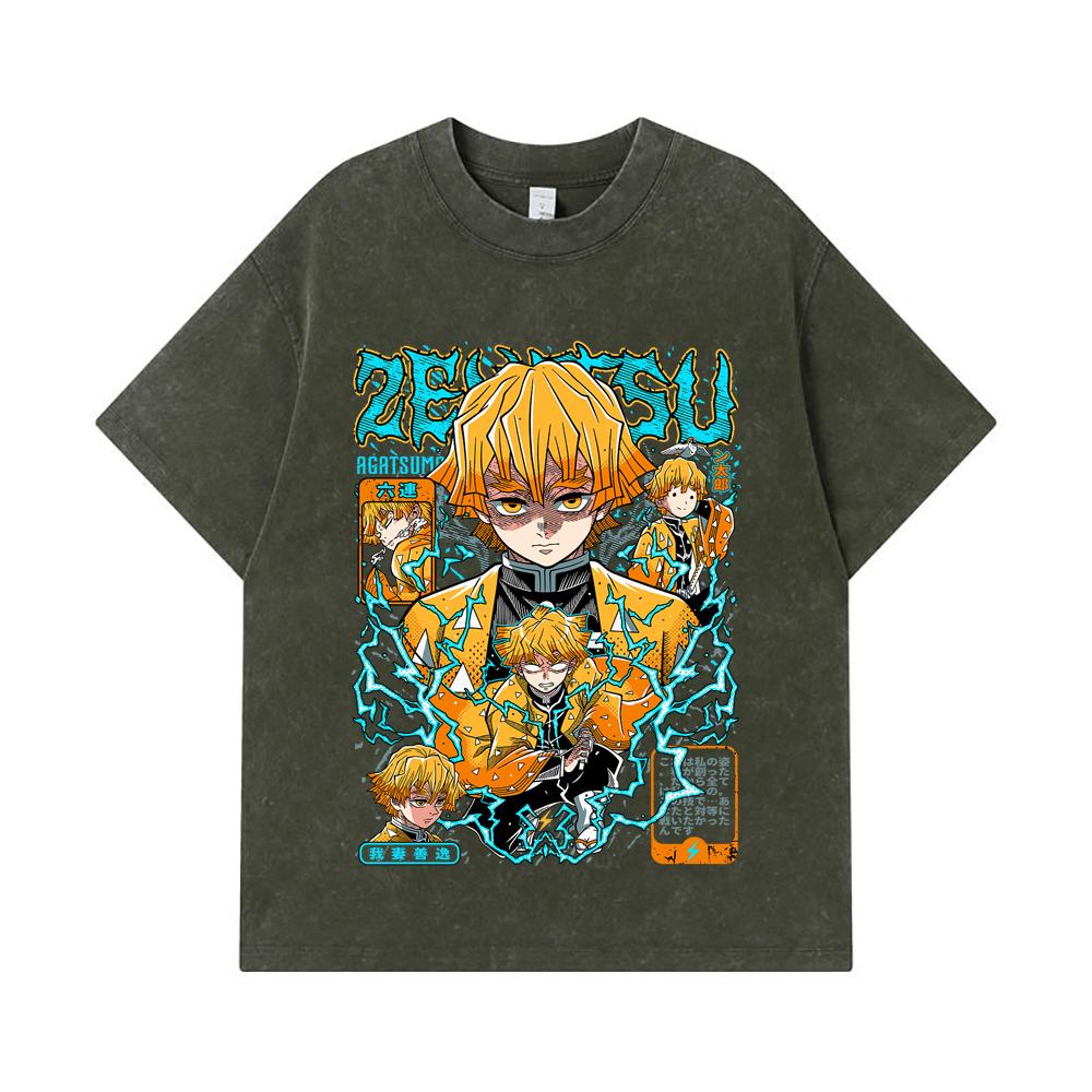 275 GSM Washed T-shirts 100% Cotton Demon Slayer V100 Zenitsu Print Unisex Heavy Cotton T Shirt
