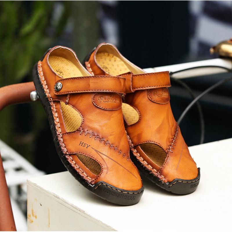 Модные мужские кожаные классические римские сандалии 2024 года, тапочки, уличные кроссовки, пляжные резиновые шлепанцы, мужские водные походные сандалии, летние сандалии