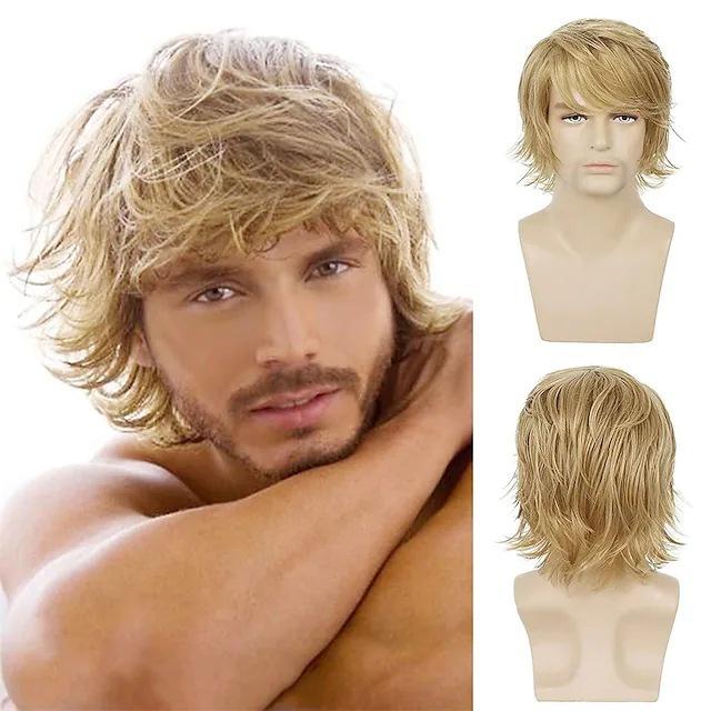 Synthetic Men Curly Wig Short Brown Black Blond Gray Hair With Bangs Natural Fluffy Hairstyle Cosplay Daily Use Heat Resistant Fiber Wigs