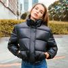 Women Autumn Winter Warm Chic Leather Jacket Stand Collar Long Sleeve Solid Color Short Bread Cotton Coat S-XXL