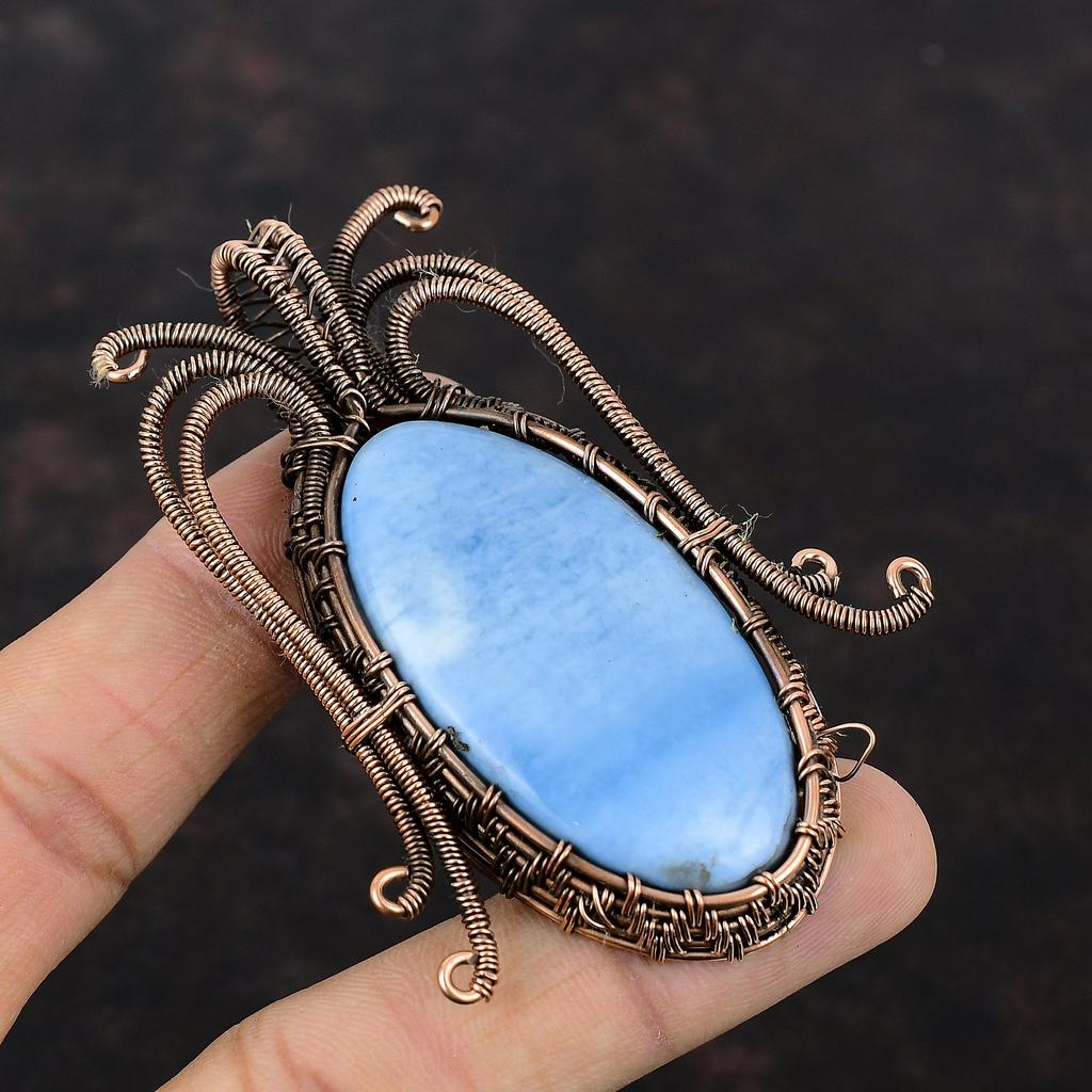 Подвеска Owyhee с синим опалом и драгоценным камнем, медная проволока, кулон ручной работы, ювелирные изделия из проволочной обмотки, стильный кулон, подарок для нее, медные украшения