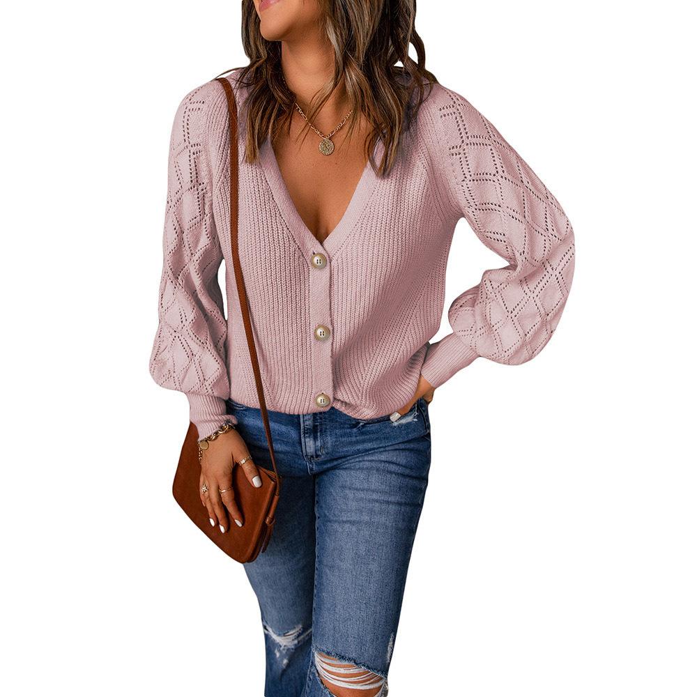 Осенний женский трикотаж, однотонный трикотаж с ромбами и объемными рукавами, свободный однобортный кардиган, свитер