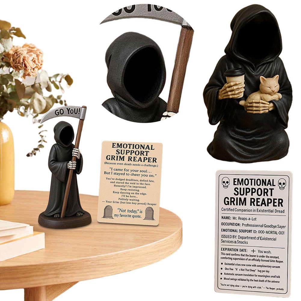 Emotional Support Grim Reaper Figurine, Hand-Painted Resin Grim Reaper Statue Holding Coffee & Cat with Emotional Support Card