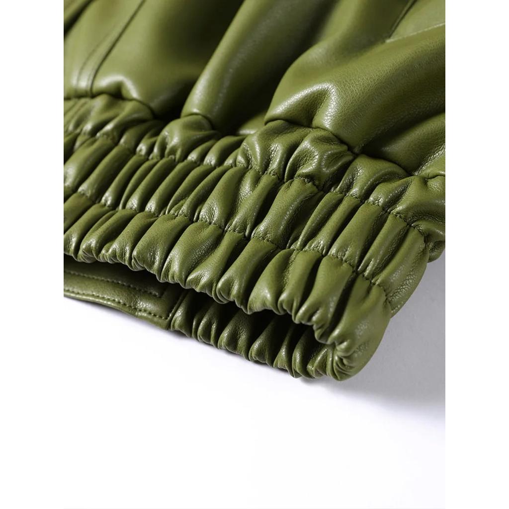 Оливково-зеленая кожаная куртка, пальто, силуэт, винтажный, уличный тренд, молния, лацкан, короткое пальто, свободный повседневный топ, верхняя одежда, осень