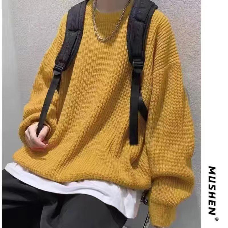 Men's Loose Fit Korean Style Sweater: Casual Retro Trend, Round Neck, Solid Color, Autumn/Winter Knitted Top.