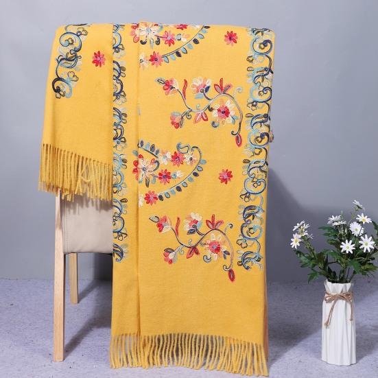 Winter Scarf Embroidery Flower Pattern Tassel Trim Long Scarf Ethnic Style Thickened Warm Women Shawl