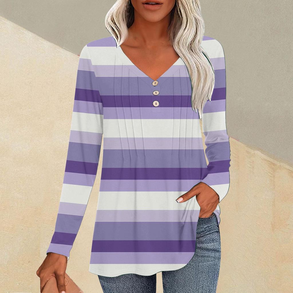 Women's Fashion Casual Pleated V-Neck Striped Printed Long Sleeve T-Shirt Top