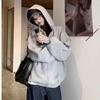 Женский oversize плотный серый кардиган-куртка с капюшоном - Модный осенне-зимний худи топ