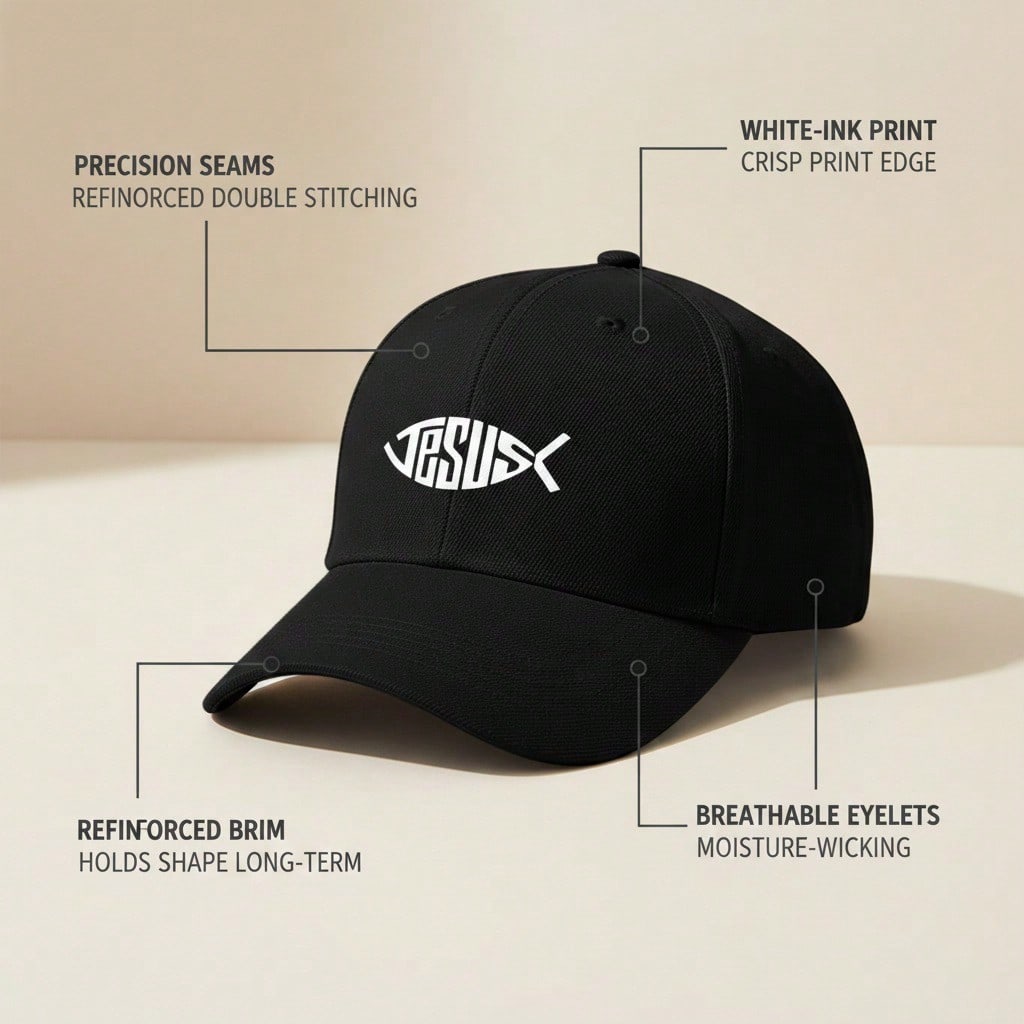 [Religious Baseball Cap] Jesus Fish Print Black Unisex Adjustable Lightweight Curved Brim Casual Daily Wear Polyester - Dad Hat