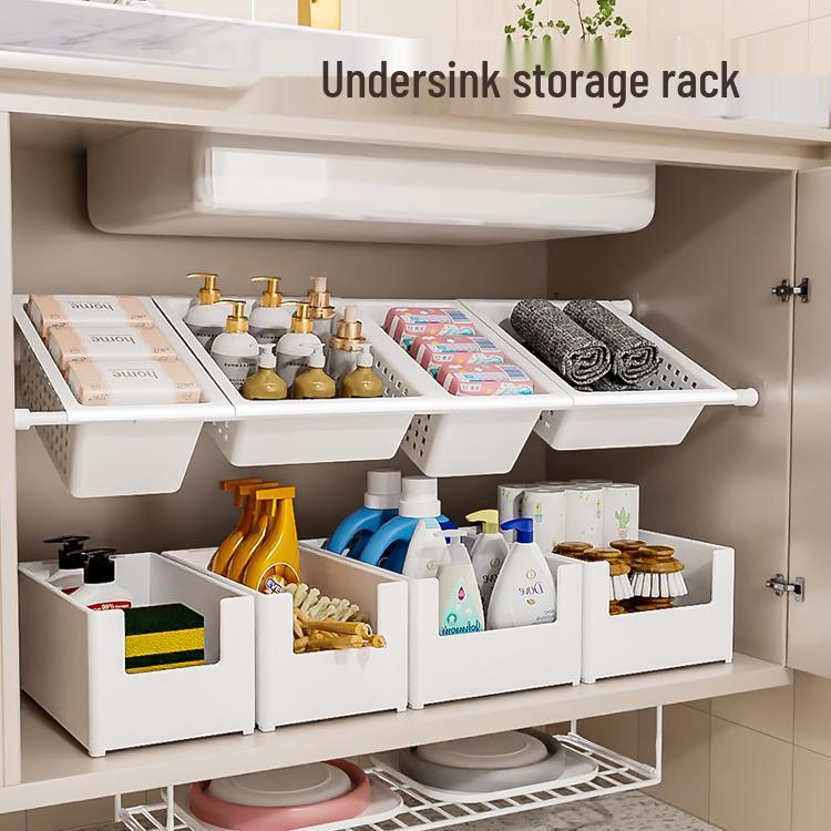 Выдвижная полка для хранения в ванной под раковину с многоуровневыми полками и перегородкой без сверления