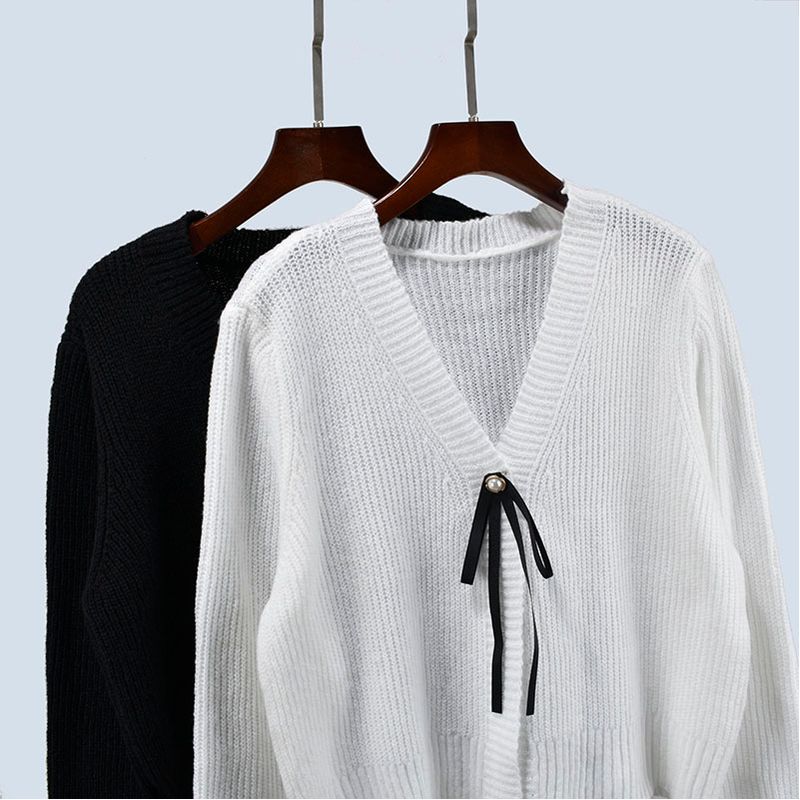Fall V-neck Knitted Sweater Single Button Cardigan Outwear Pure Color Loose Short Long Sleeve Women's Clothing