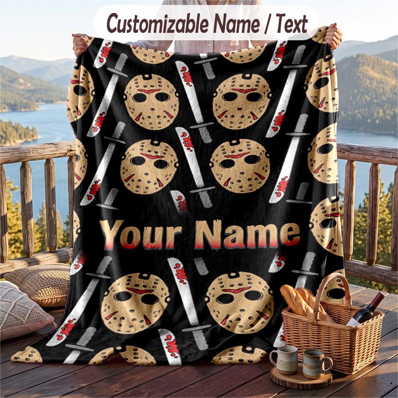 Custom Text Flannel Throw Blanket, Lightweight Cozy Bed Sofa BlanketFriday the 13th Jason Voorhees