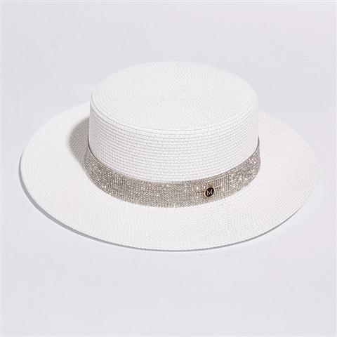 Rhinestone flat top straw hat m standard hat women's beach travel hat fashion wide brim versatile sun protection flat brim straw hat
