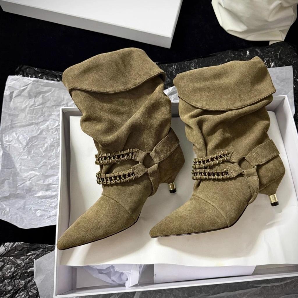 Корейская версия нишевые цепочки кошачий каблук тонкие сапоги женские сапоги средней длины на наборном каблуке с темпераментом тонкий высокий каблук острый носок западный ковбой короткие сапоги