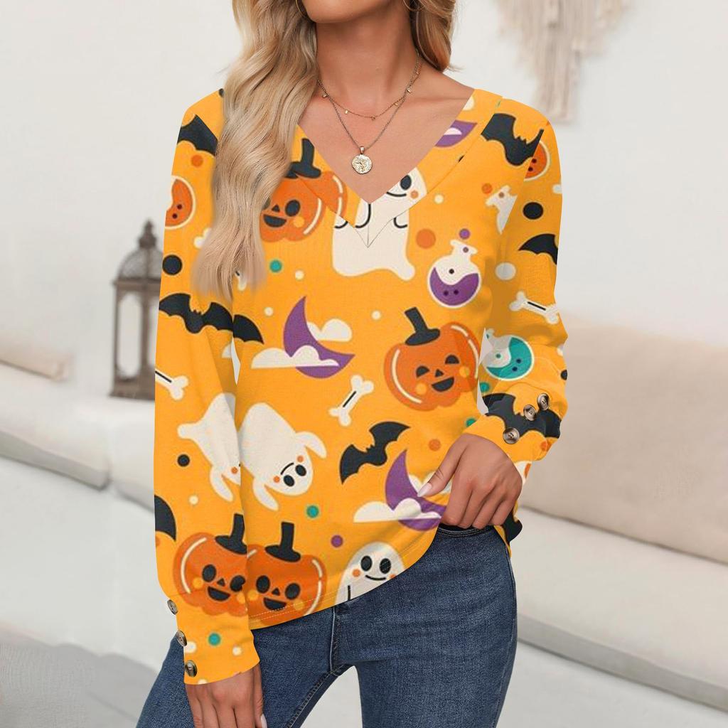 Женские топы с принтом на Хэллоуин, рубашка с длинным рукавом, V-образный вырез, повседневная свободная футболка, осенняя одежда