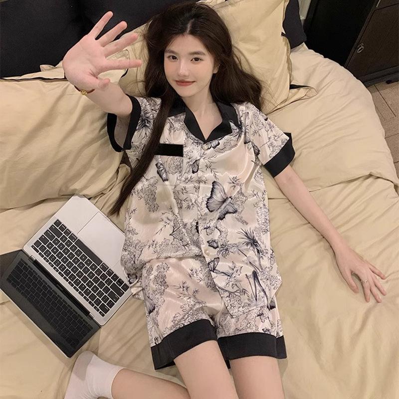 High-end Chinese style ink painting ice silk short-sleeved cool pajamas women's summer loose and comfortable loungewear