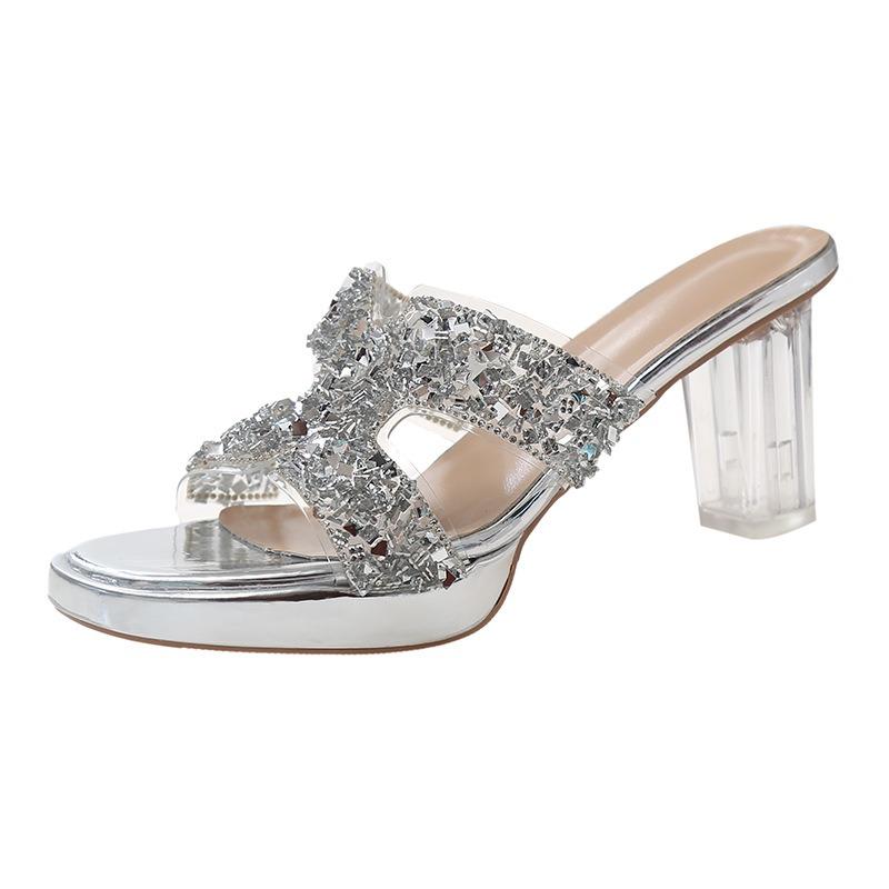 Женские летние босоножки на высоком толстом каблуке, модные сандалии со стразами, с круглым носком, на водонепроницаемой платформе, уличные шлепанцы