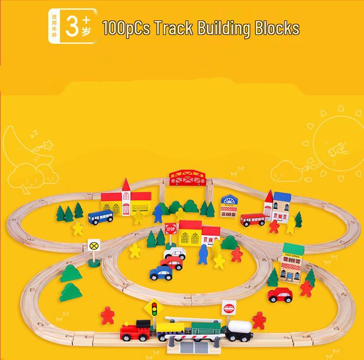 Набор деревянных железнодорожных путей и строительных блоков для городского рельсового транспорта (100 шт)