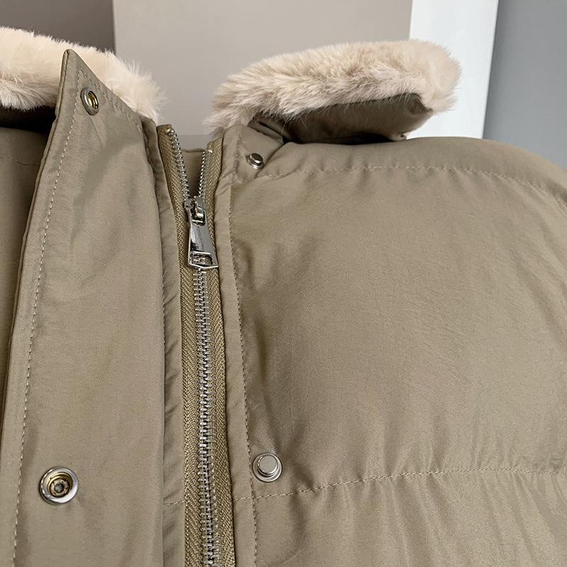 Women Autumn Winter Imitation Rabbit Hair Slim Cotton Coat Lapel Neck Solid Color Drawstring Padded Jacket