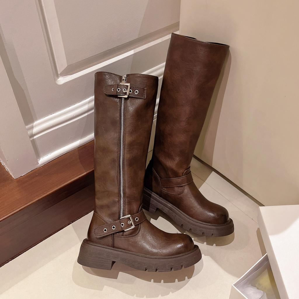 Универсальные простые рыцарские сапоги женские 2025 осень и зима новые модели ботфорты круглый носок средний каблук ботинки Мартин из натуральной кожи женские б