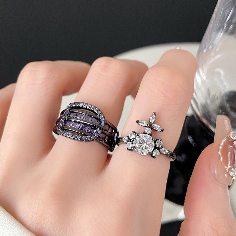 Пряжка для ремня Сатурн с темным покрытием, открытое кольцо, полностью инкрустированное цирконами, премиальное, легкая роскошь, модное, кольцо с индивидуальностью