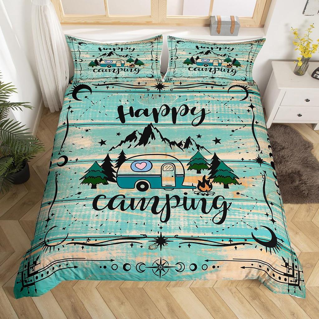 Camping Duvet Cover Lodge Cabin Camp Travel Car Bedding Set,Happy Glamping Trailer Comforter Cover Queen,Vintage Farmhouse Decor