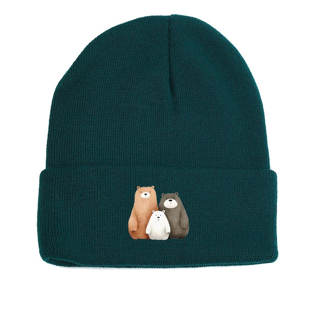 Cartoon Bear Family Print Knitted Cap Beanie, Cute Animal Skull Cap Warm Elastic Headwear Headwear Knit Hat Beanie