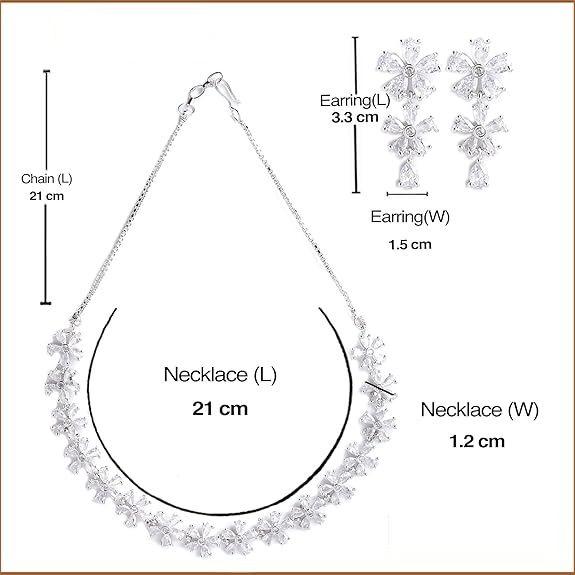 Rhodium Plated Silver Toned White American Diamond Studded Flower Shaped Jewellery Set For Girls and Women