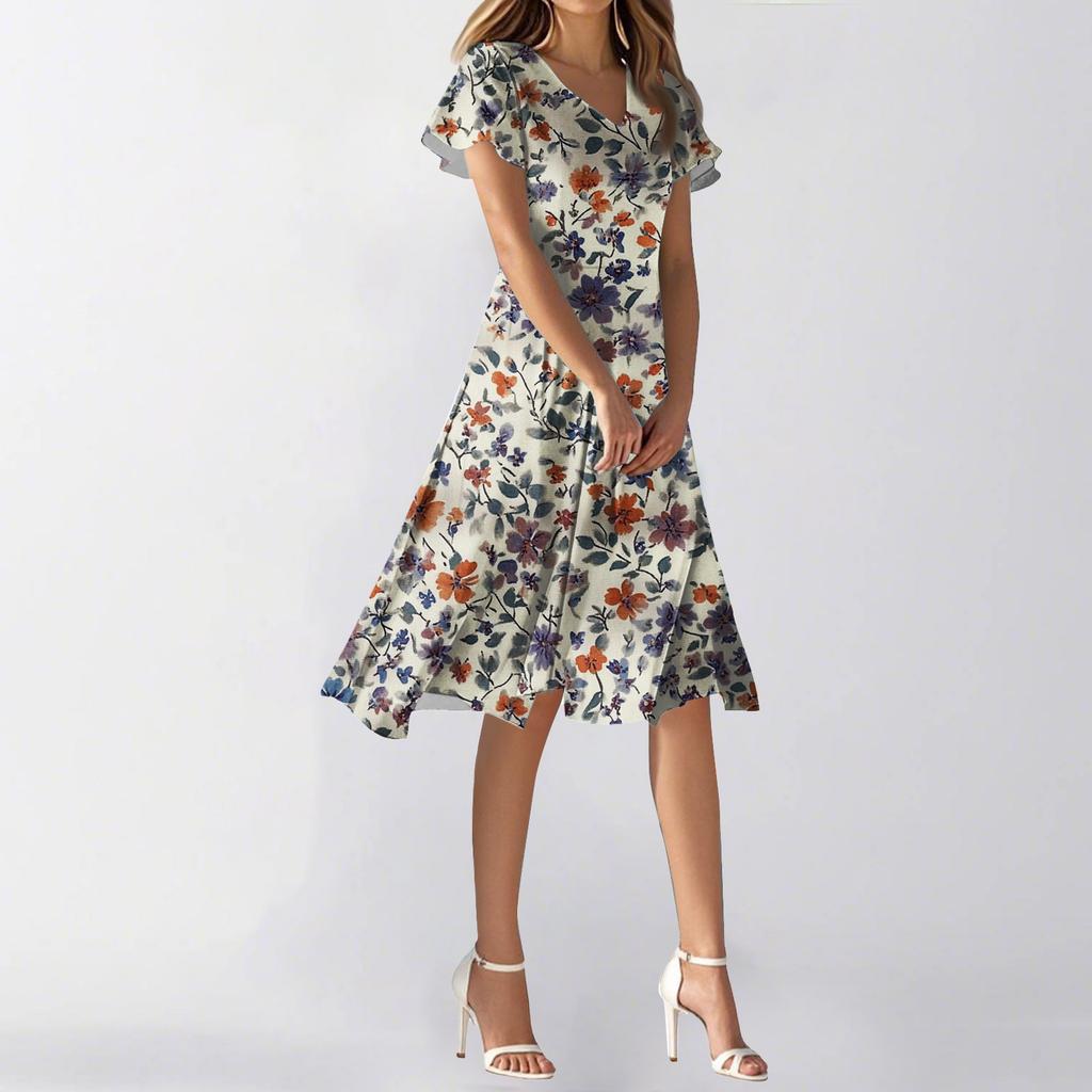 Женское летнее повседневное модное платье с цветочным принтом и V-образным вырезом, короткая юбка с коротким рукавом