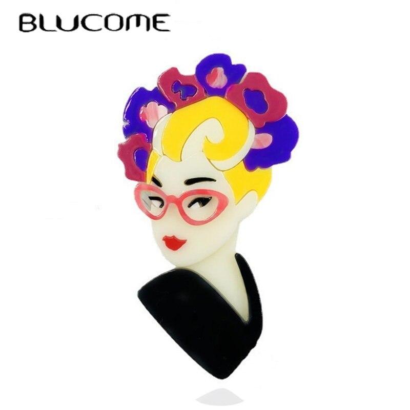 Blucome New Design Unique Lady Figure Acrylic Brooch Pins For Women Girls Pins Lapel Badges Bag Decorations Party Dress Jewelry