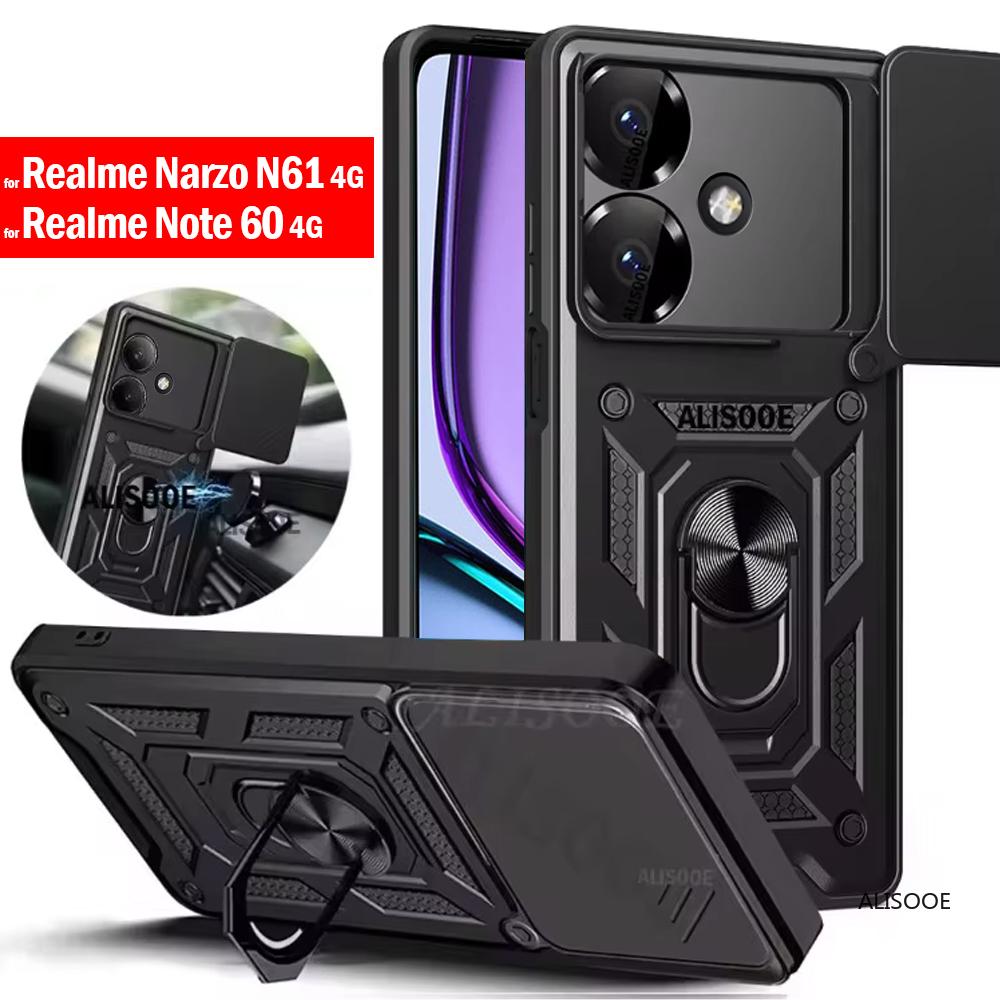 Слайд-камера Funda для Realme Narzo N61 4G Чехол Push Lens Ring Stand Защитный чехол для Realme Note 60 4G Противоударный чехол