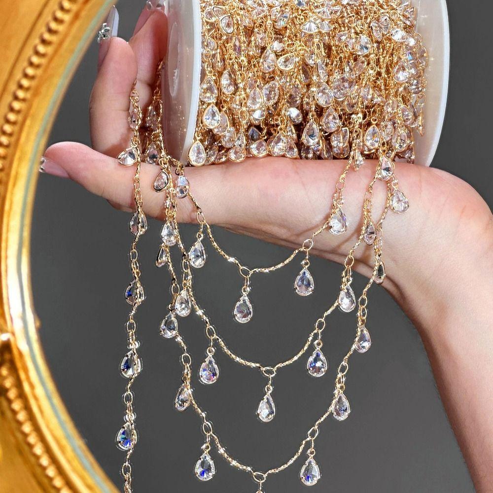 1 Meter Length Rhinestone Beads Clear Crystal White Copper Chain Link For Hair Crown Chain