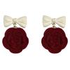 Autumn Winter Vintage Temperament Bow Japanese Korean Niche Red Flocking Rose Earrings Jewelry Gift