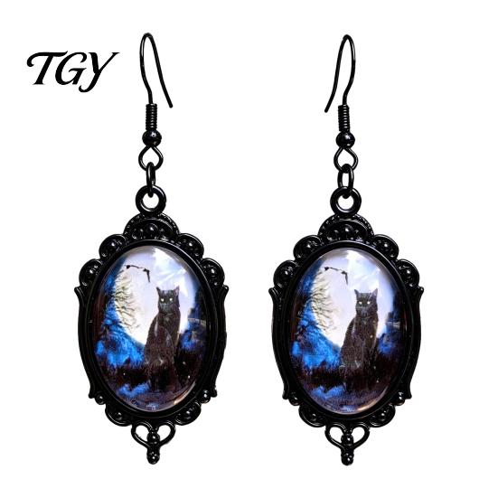Niche Design Transparent Time Gem Jewelry 1 Pair Halloween Gothic Black Cat Earrings for Women, Vintage Durable Zinc Alloy Retro Dark Punk Style