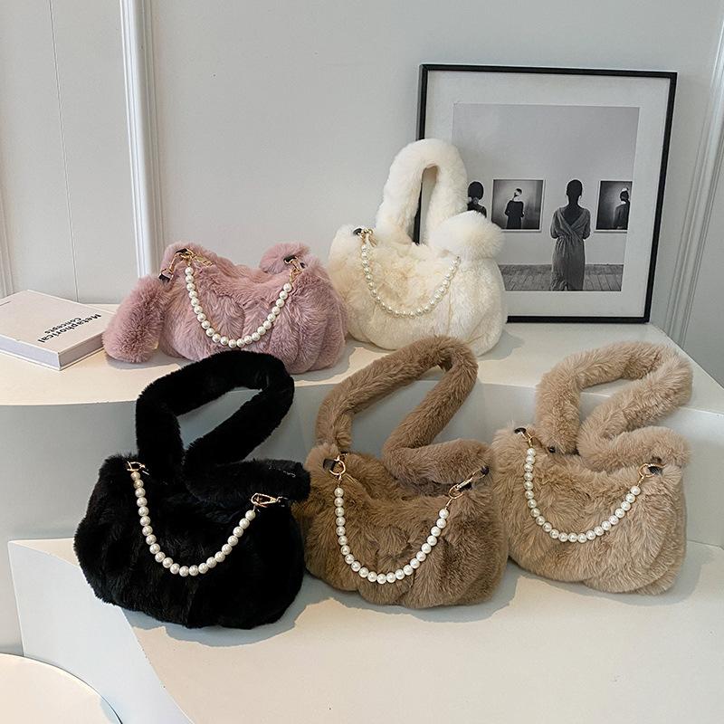 Lazy Plush Bag High-end Crossbody Bag Autumn and Winter Pearl Shoulder Bag Women Ins Fashion Cloud Bag