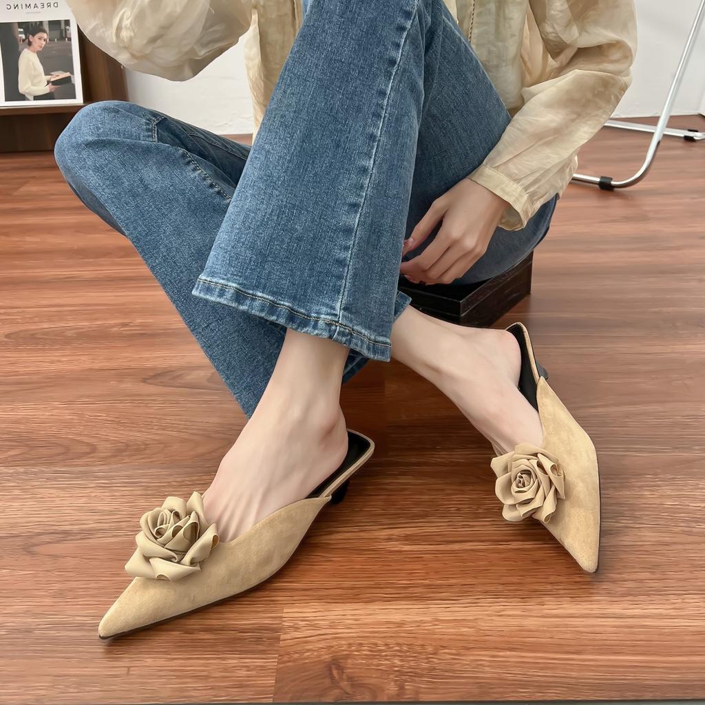 French Pointed Single Shoes Camellia Bag Head Cool Slippers Women's Summer Versatile Muller Shoes Women's 2025 Casual High-heeled Sandals
